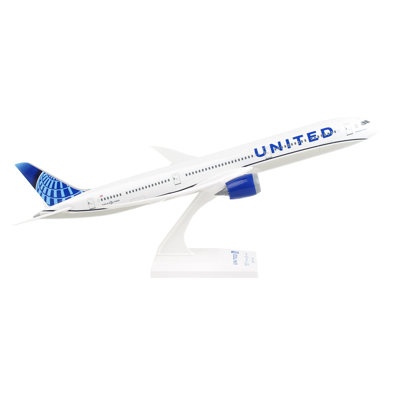 The Daron United Airlines Boeing 787-10 1:200 Model features a white injection molded plastic design with blue accents, displaying the UNITED logo on the fuselage and a blue globe on the tail, appearing ready for takeoff while standing on its base.