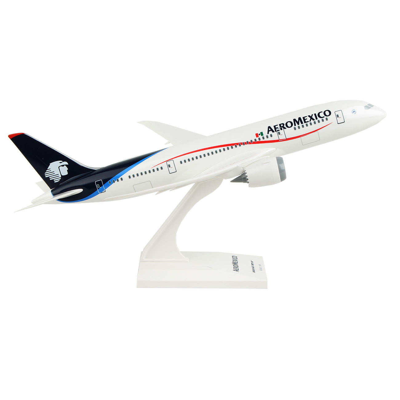 The Daron Aeroméxico Boeing 787-8 1:200 Model features Aeroméxico branding in white, blue, and red on a white stand. Ideal for collectors, this detailed replica displays the aircraft in takeoff position.