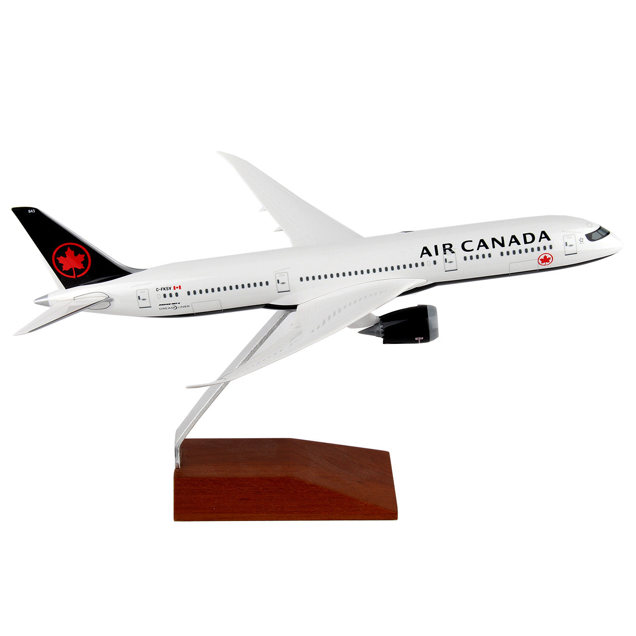 The Daron Air Canada Boeing 787-9 1:200 Model features the airline’s livery, a white fuselage with black accents, and comes mounted on a wooden stand—ideal for collectors.