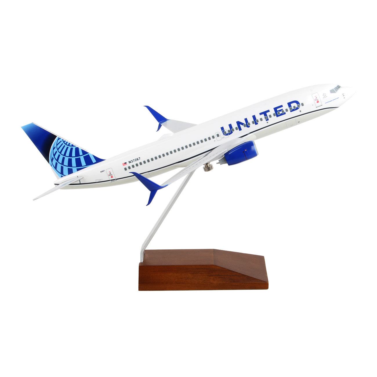 The United Airlines 2019 Boeing 737-800 1:130 Model by Daron features a sleek wooden stand, iconic blue and white colors, and the United logo. Perfect for collectors, the plane is angled upwards in the classic livery.