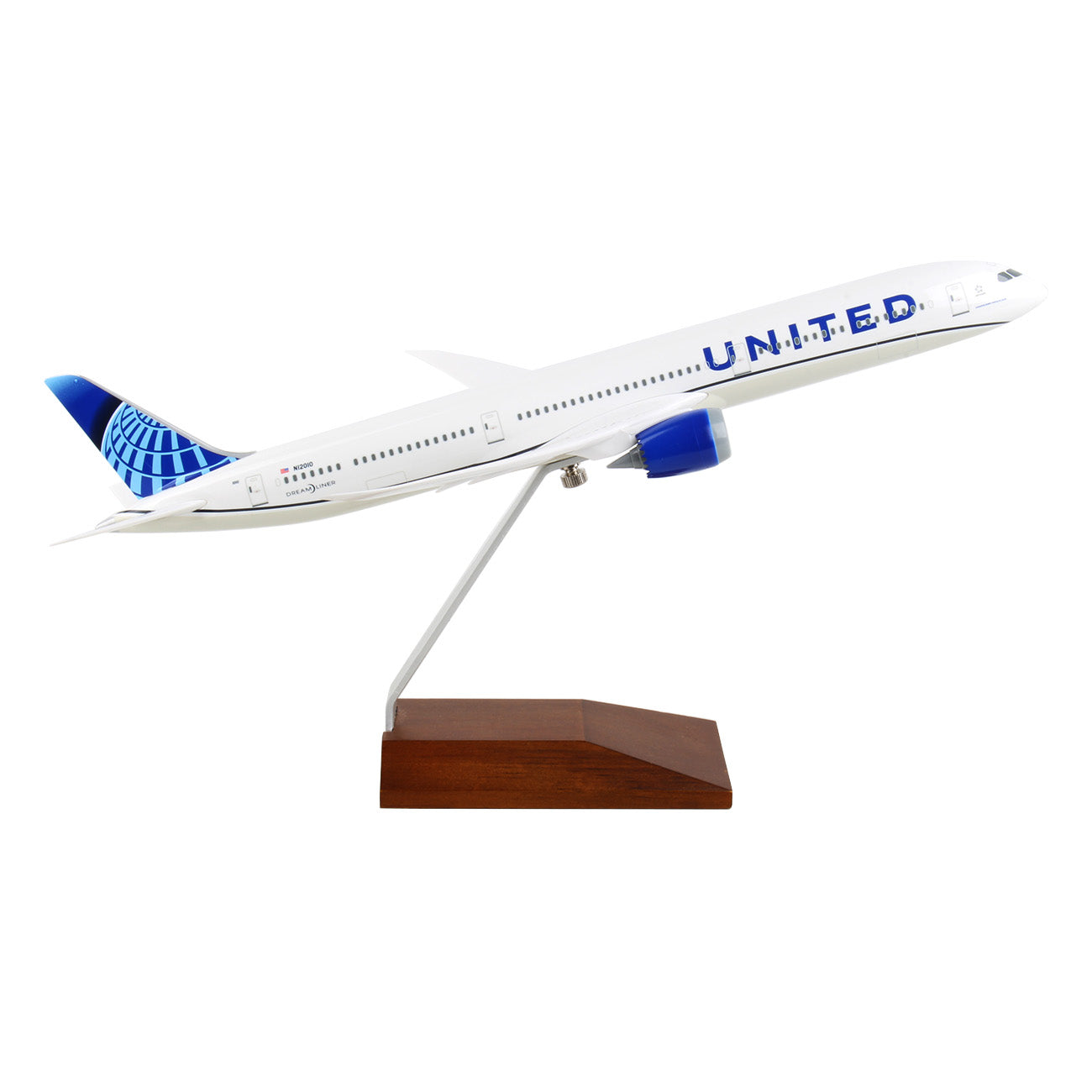 The Daron United Airlines 2019 Boeing 787-10 1:200 Model is an exquisite collectible on a wooden stand, showcasing the sleek white aircraft with a blue tail featuring the United globe logo and UNITED lettering.