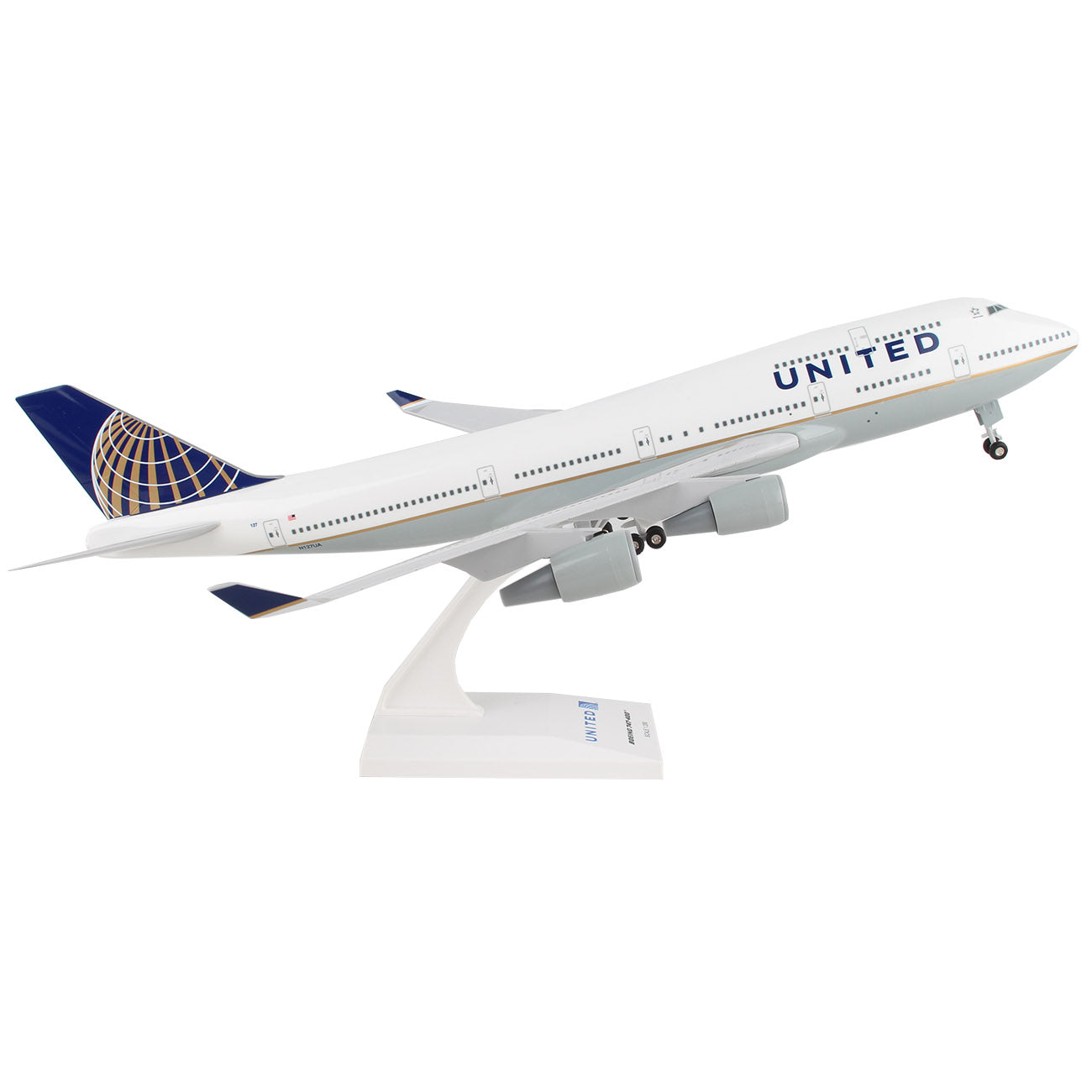 The Daron United Airlines Boeing 747-400 1:200 Model features the airline’s white and blue livery with a gold globe tail, displayed on a stand and angled as if taking off—an ideal collectible for aviation fans.