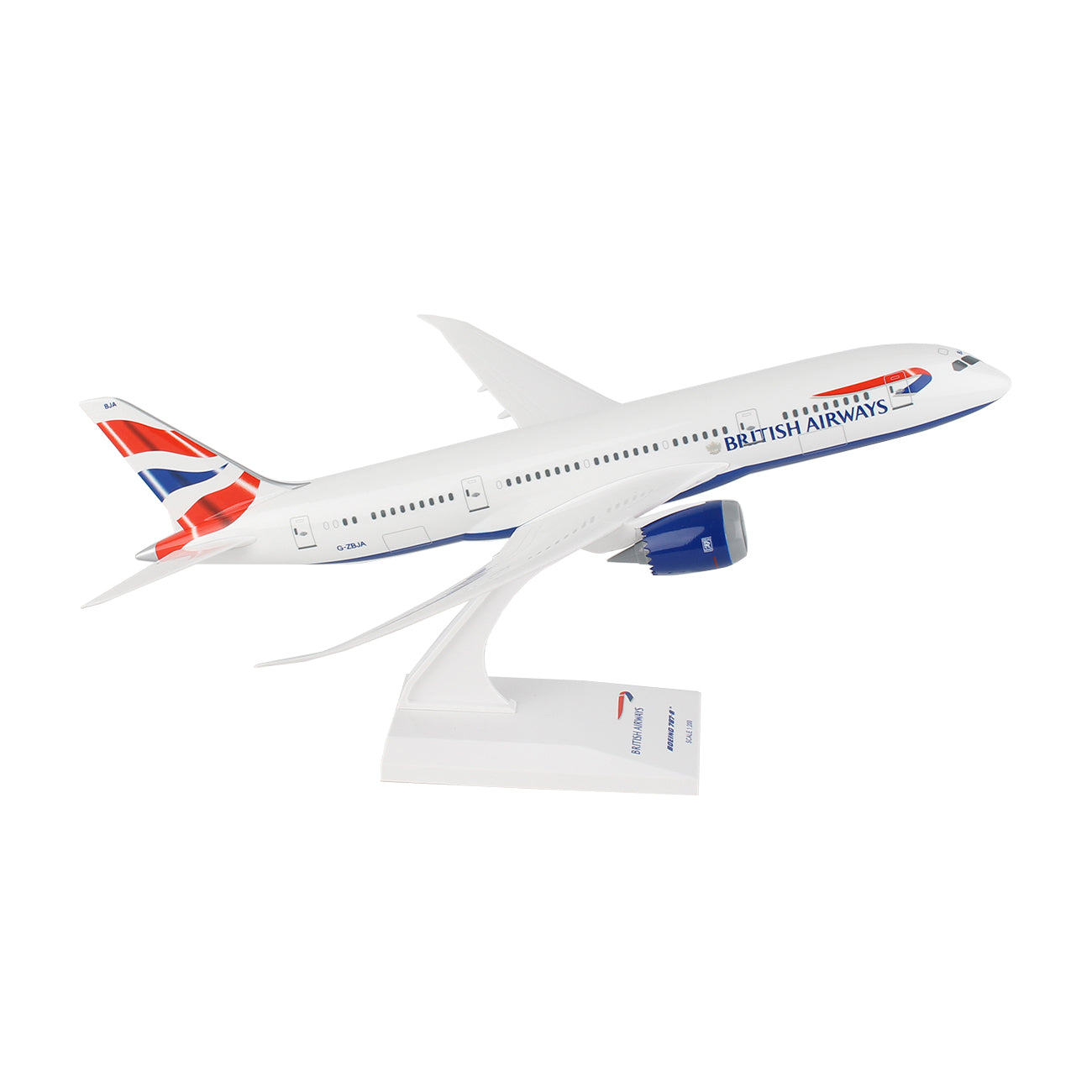 The Daron British Airways Boeing 787-8 1:200 Model features authentic airline markings on a sleek white body with red, blue, and white accents. Displayed on a white stand, it is angled slightly upwards as if in flight.