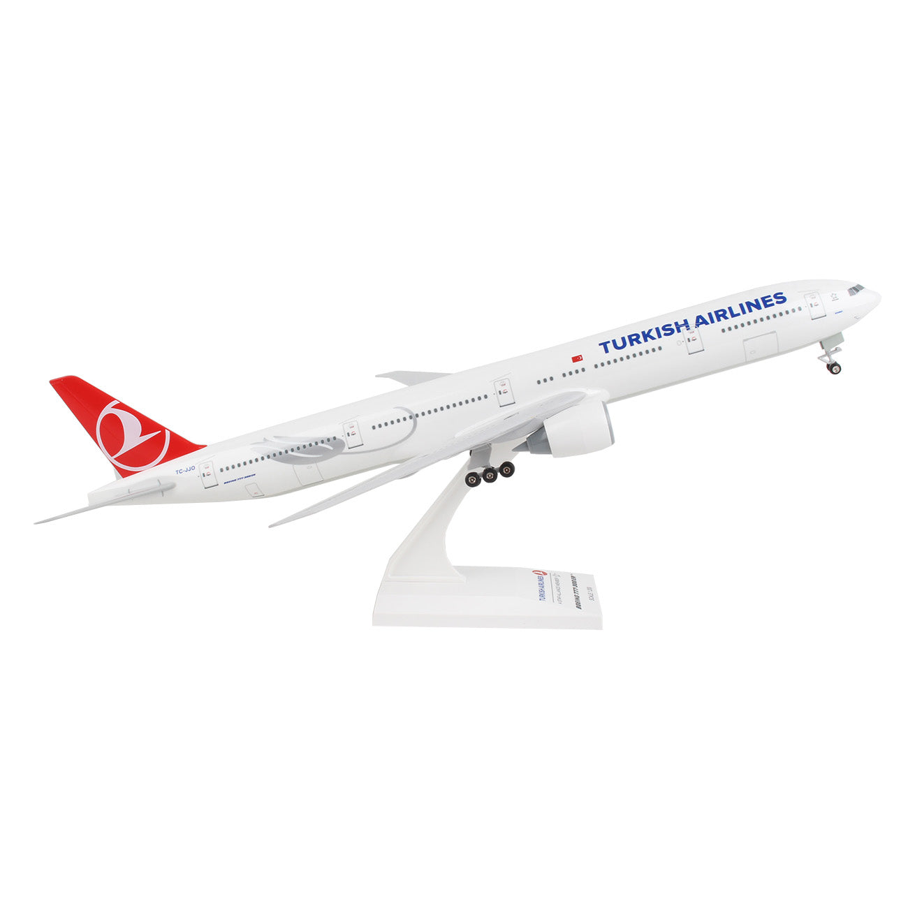 The Daron Turkish Airlines Boeing 777-300ER 1:200 Model features a white body, red tail with logo, is made of injection-molded plastic, and comes with a white display stand.