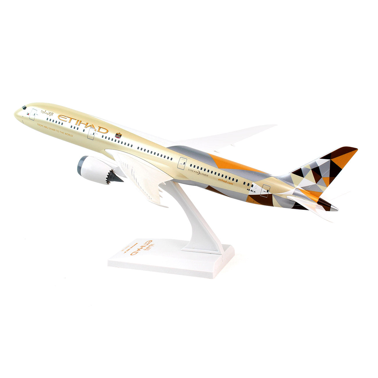 Collectors will love Darons Etihad Airways Boeing 787-9 Model, featuring a white, gold, and geometric patterned tail mounted elegantly on a stand.