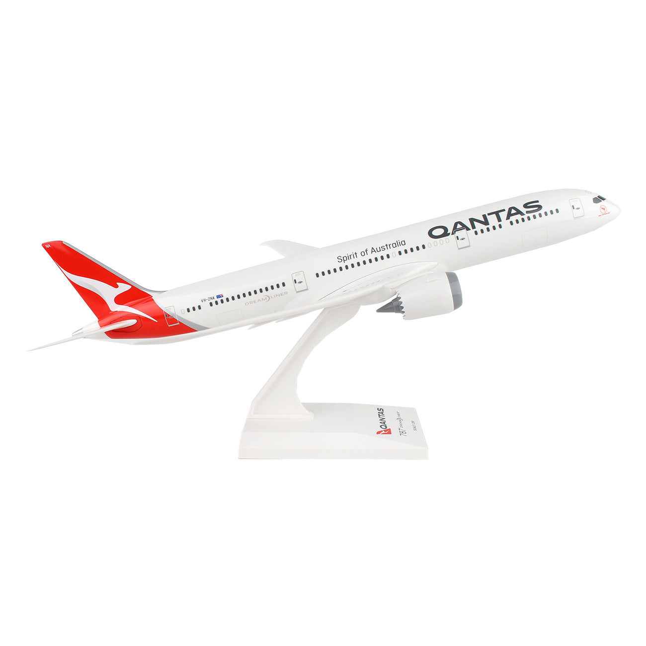 The Daron Qantas Airways Boeing 2017 787-9 1:200 Model features a white body and red tail with the iconic kangaroo logo. Made from injection molded plastic, it stands on a base displaying the Spirit of Australia emblem.