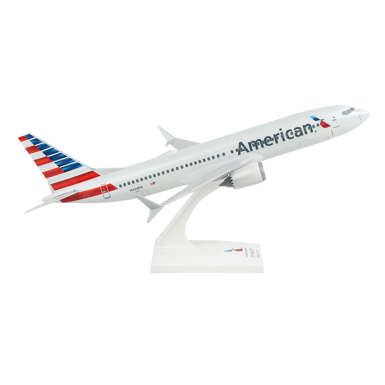 The Daron American Airlines Boeing 737 MAX 8 1:130 Model is a collectors gem, featuring the iconic livery with a white body and red, blue, and silver accents. Its displayed on a stand, artfully angled to appear as if soaring through the skies.