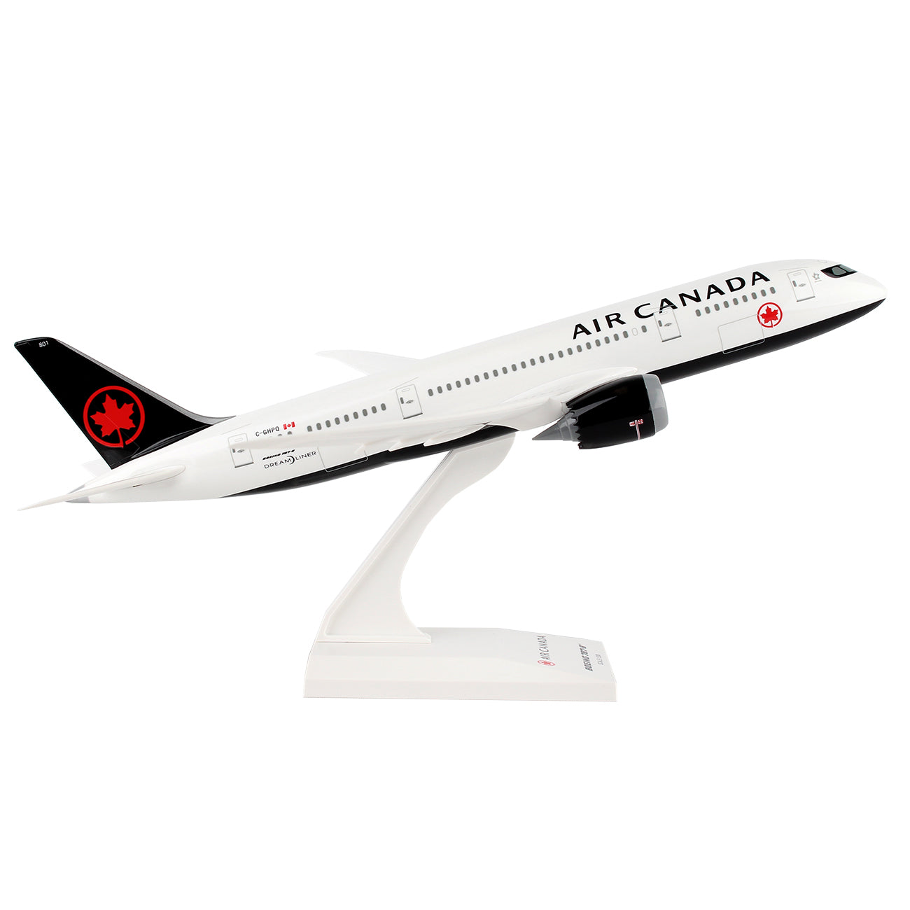 The Daron Air Canada Boeing 787-8 2017 1:200 Model features detailed graphics, a white fuselage, black tail with red maple leaf logo, and Air Canada branding—an ideal collectible for aviation enthusiasts.