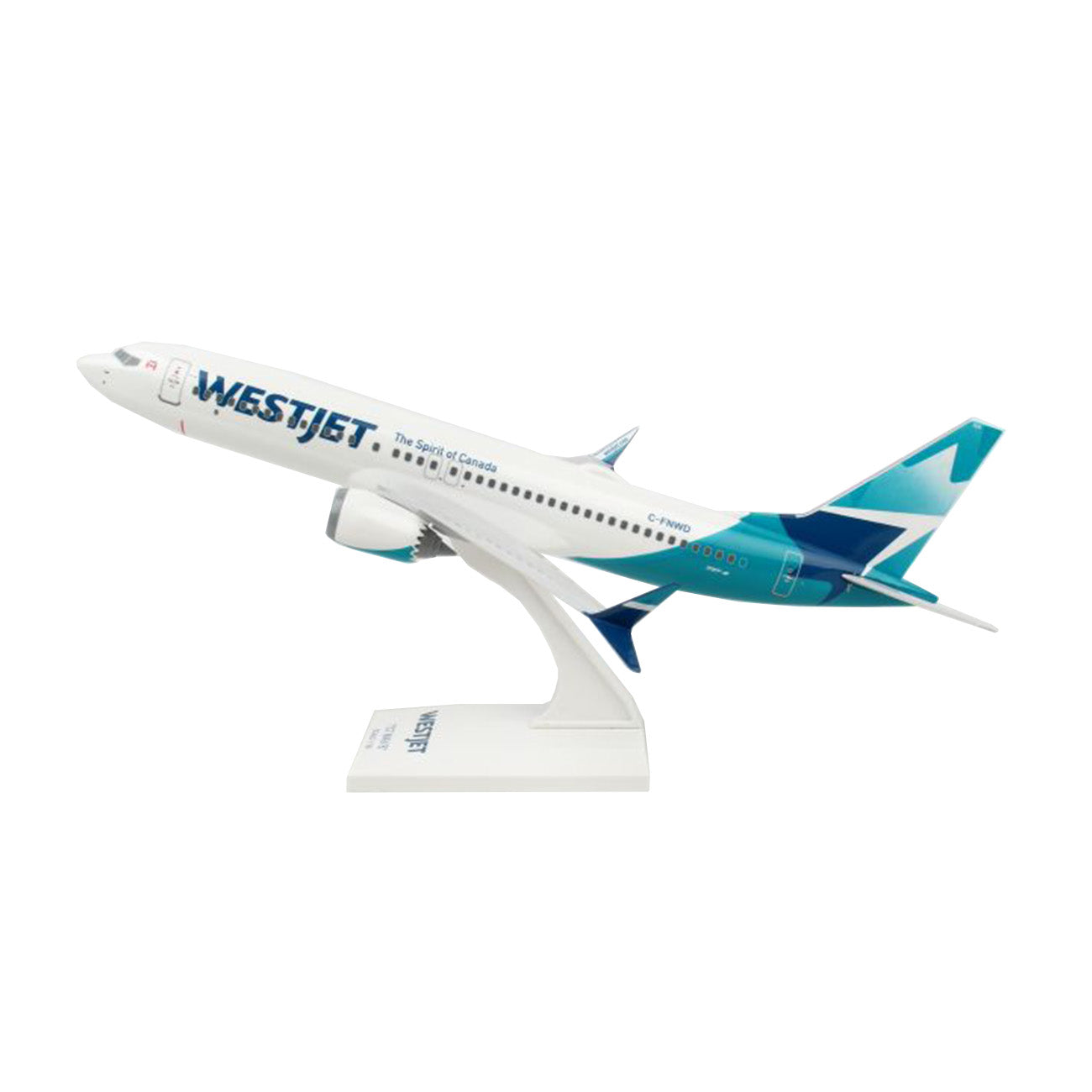 The Daron WestJet Airlines Boeing 737 MAX 8 1:130 Model features detailed WestJet graphics and a blue and teal tail, mounted on a white display stand, perfect for collectors.