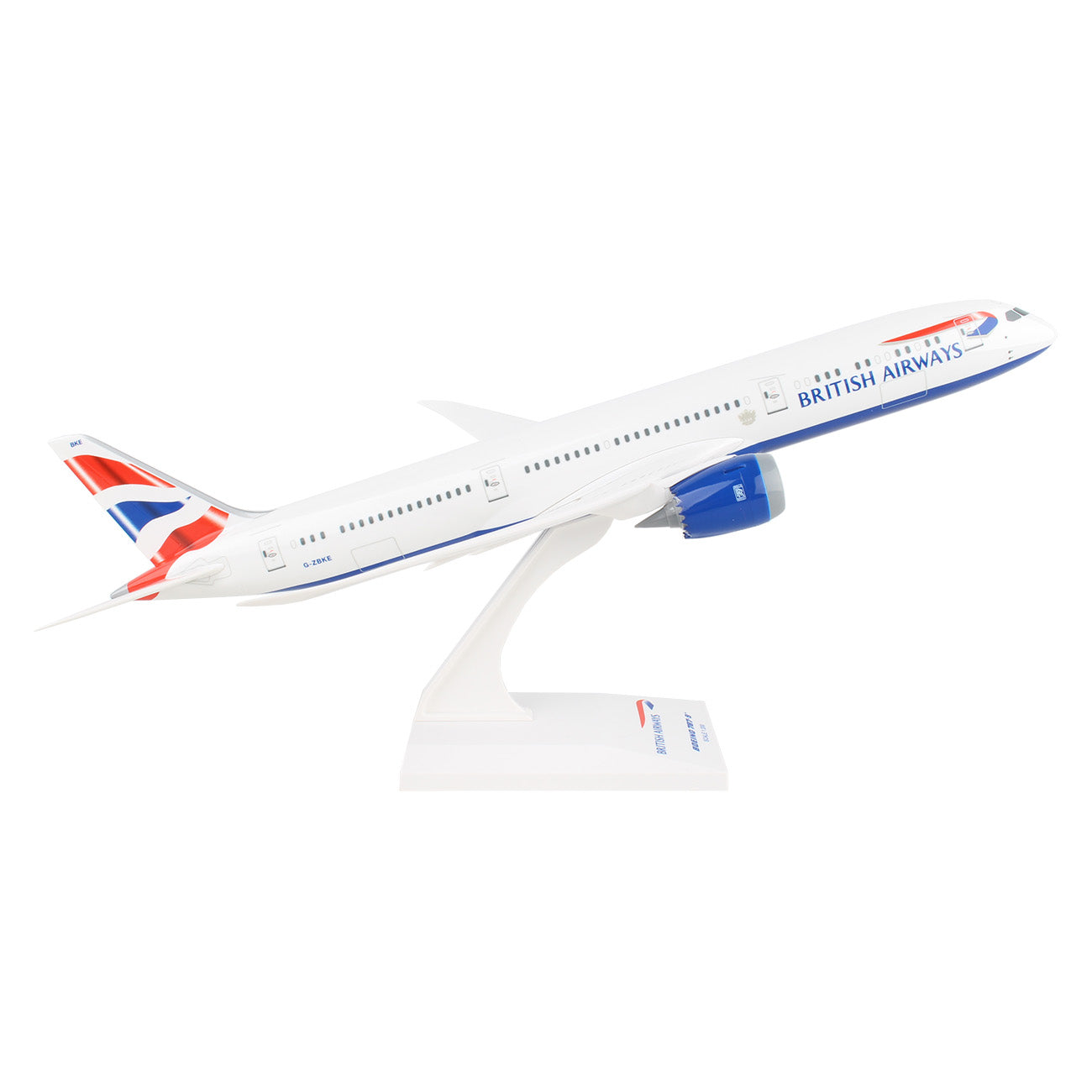 The Boeing Store presents the British Airways Boeing 787-9 1:200 Model, a display stand aircraft model with a sleek white and blue design featuring red tail accents and prominent BRITISH AIRWAYS inscription. Ideal for collectors.