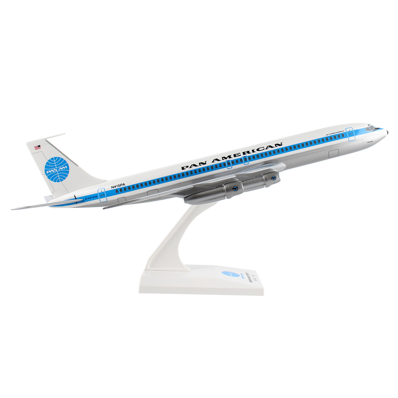 The Boeing Store Pan Am World Airways Boeing 707 1:150 Model sits on a white stand, showcasing detailed graphics, including a blue stripe and Pan Am logo along the fuselage.