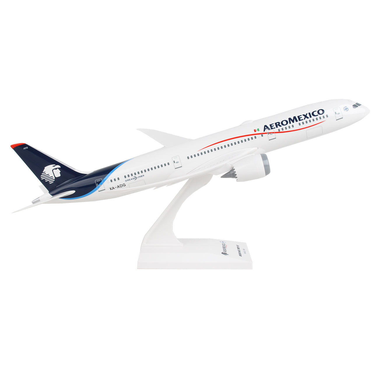 The Daron Aeromexico Boeing 787-9 1:200 model features a white body, dark blue tail, and red accents. Angled as if taking off, it stands elegantly on its white base, perfect for collectors seeking precision.