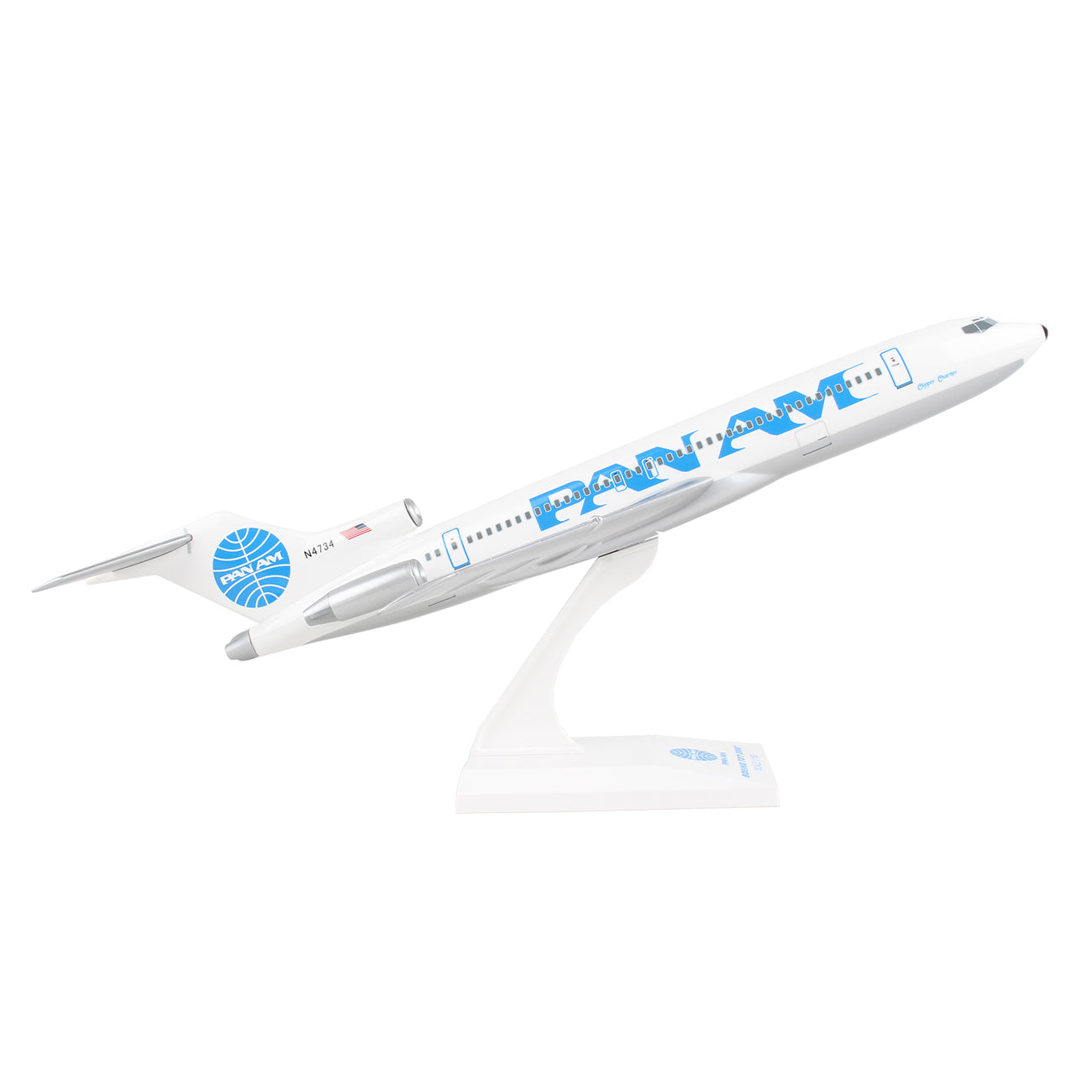 The Daron Pan Am World Airways Boeing 727-200 1:150 Model features classic blue Pan Am lettering and logo on a white fuselage, displayed on a white stand as if taking off—an ideal collectible for aviation enthusiasts.