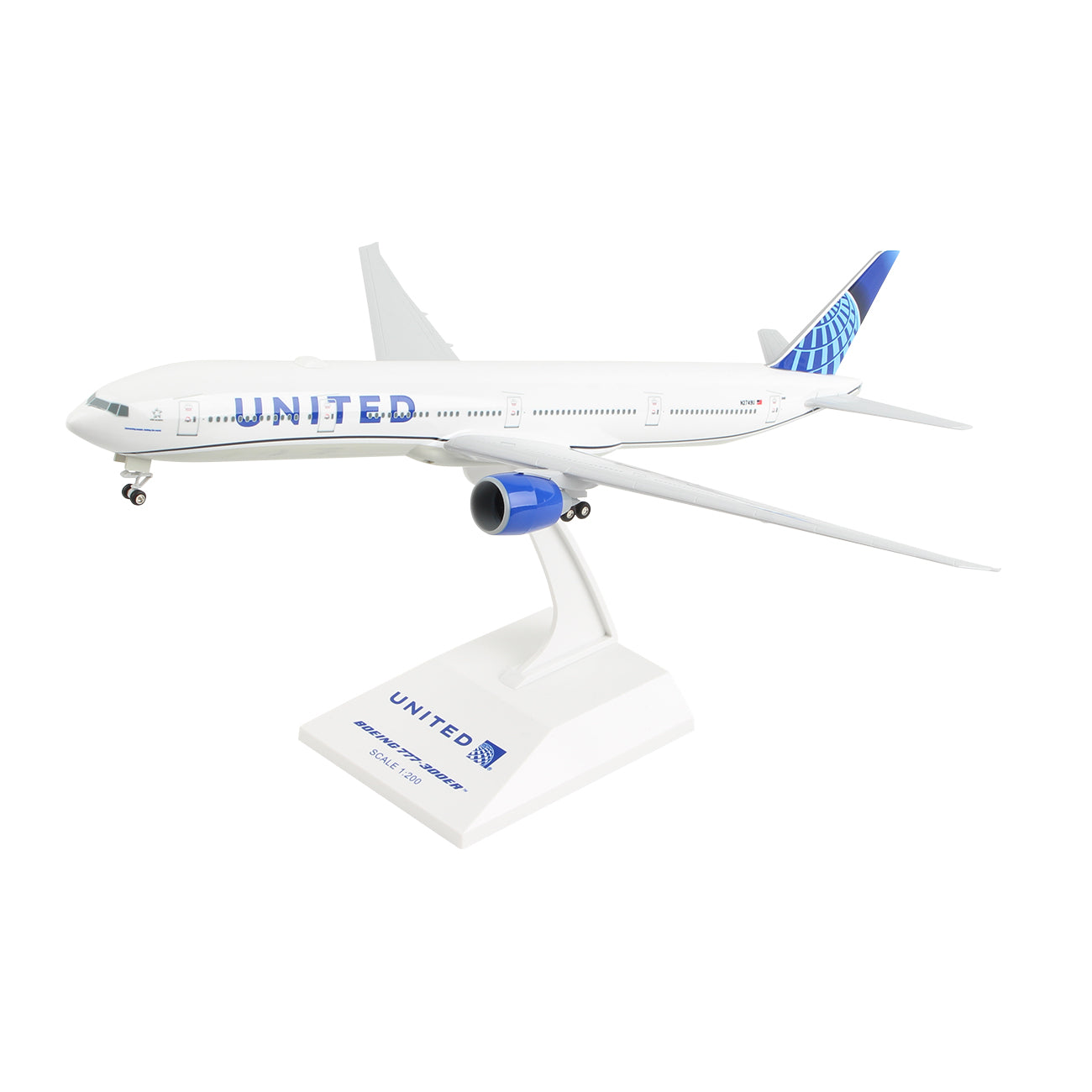 The Daron United Airlines Boeing 777-300 1:200 model features a white body, blue engines, detailed graphics, and a blue-gray tailfin, mounted on a white display stand labeled UNITED Boeing 777-300ER.