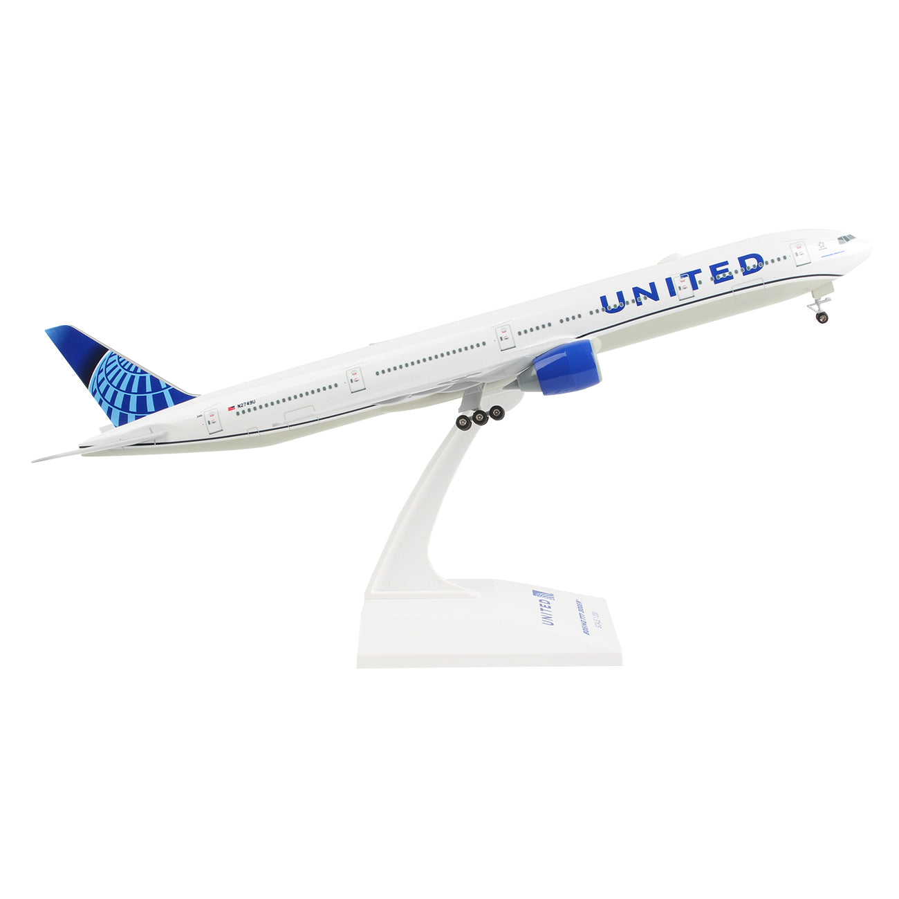The Daron United Airlines Boeing 777-300 1:200 model is displayed on a white stand, angled upward with detailed graphics, blue accents, and the United logo and livery.