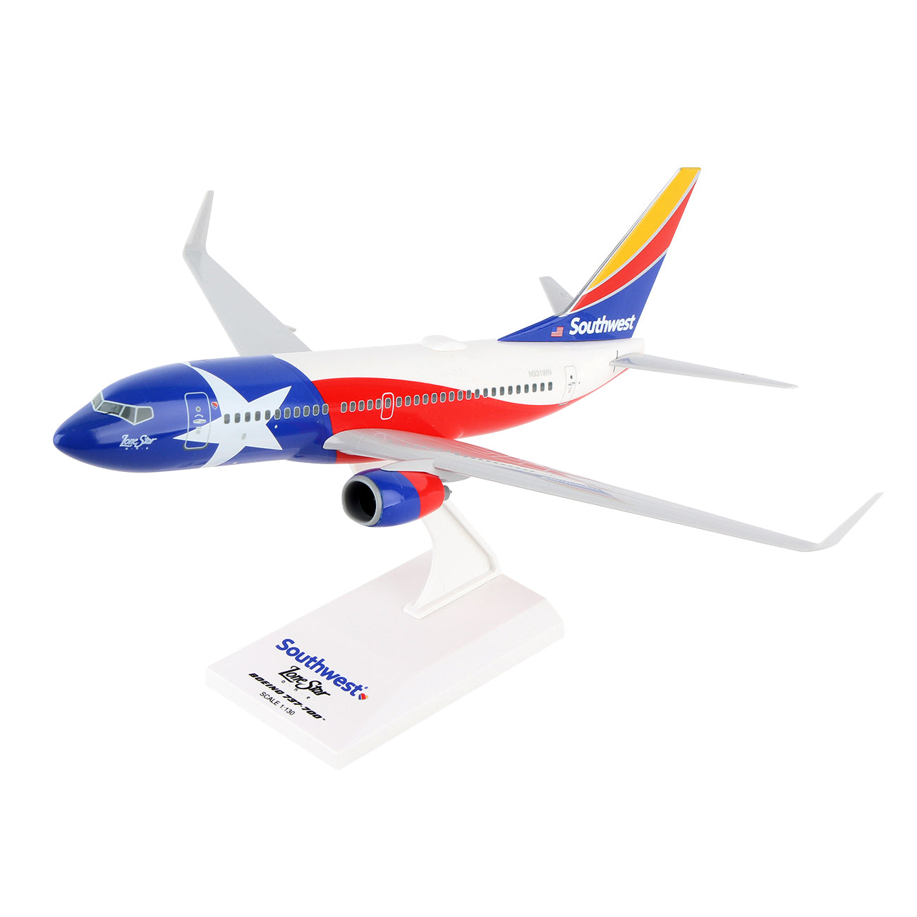 The Daron Southwest Airlines Boeing 737-700 Lonest 1:130 model flaunts a snap-fit design with Texas flag-themed livery and shades of blue, red, and yellow. It includes a white display stand featuring the Southwest logo—ideal for collectors looking to enhance their collection.