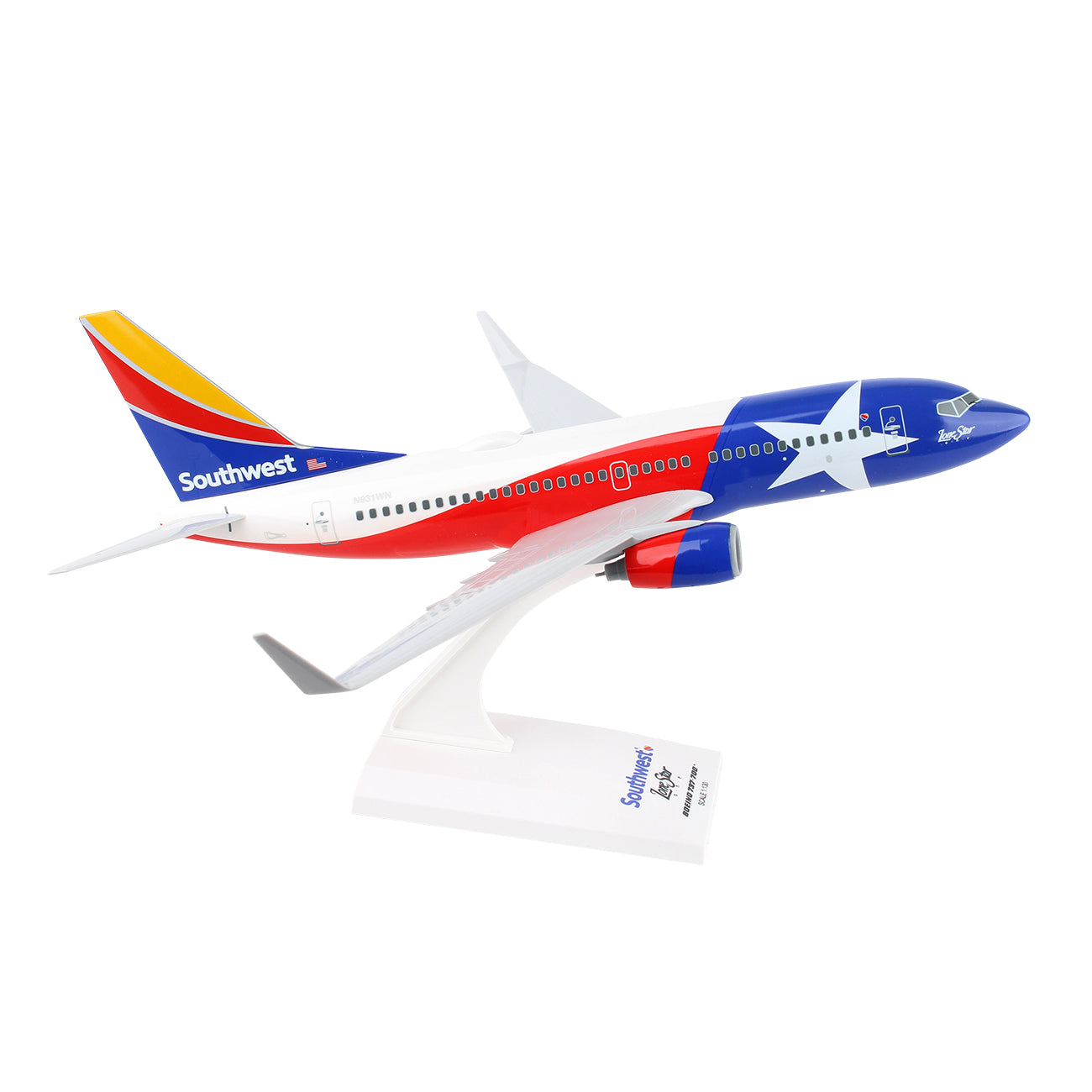 The Daron Southwest Airlines Boeing 737-700 Lonest 1:130 model airplane features a snap-fit design with Southwest livery in Texas flag colors and a prominent white star. It comes mounted on a white stand displaying the Southwest logo and Lone Star One.