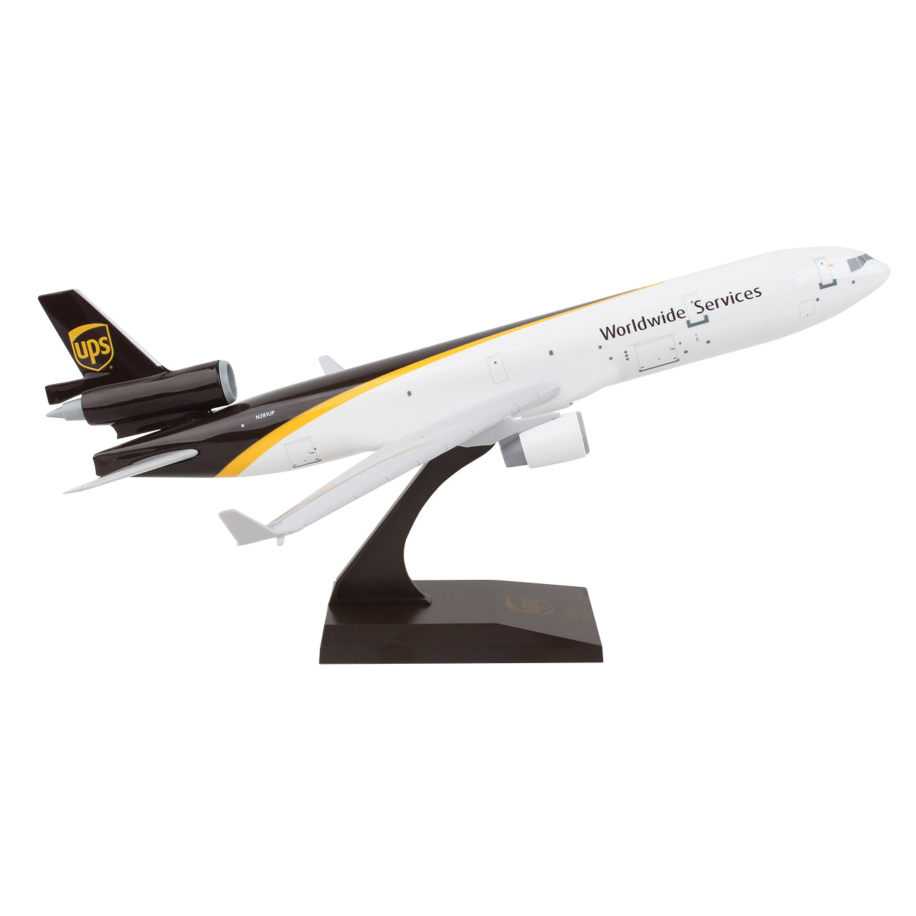 The Daron UPS Boeing MD-11 1:200 Model is a snap-fit collectible airplane with Worldwide Services on the side, brown and gold accents, and the UPS logo, mounted on a black display stand.