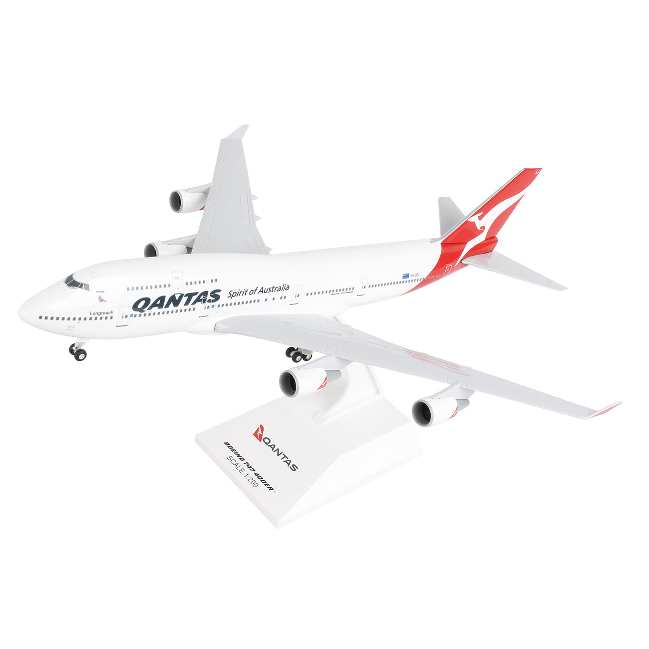 This Daron 1:200 scale model of the Qantas Airways Boeing 747-400 from the Landor livery era features a classic white fuselage, red tail, and kangaroo logo. Its elegantly mounted on a display stand labeled Qantas Boeing 747-400 Final Flight.
