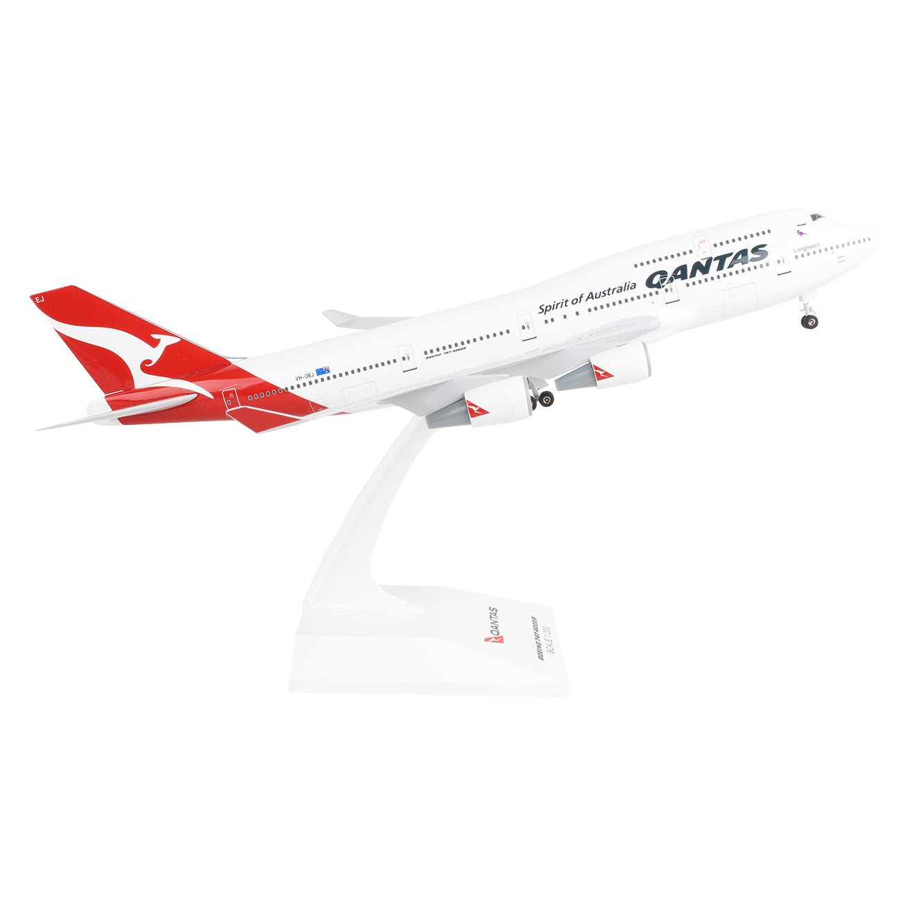 The Daron Qantas Airways Boeing 747-400 Final Flight 1:200 Model is mounted on a stand as if in flight. It showcases the iconic red kangaroo logo and has Qantas and Spirit of Australia printed, reminiscent of classic designs like the Landor livery.