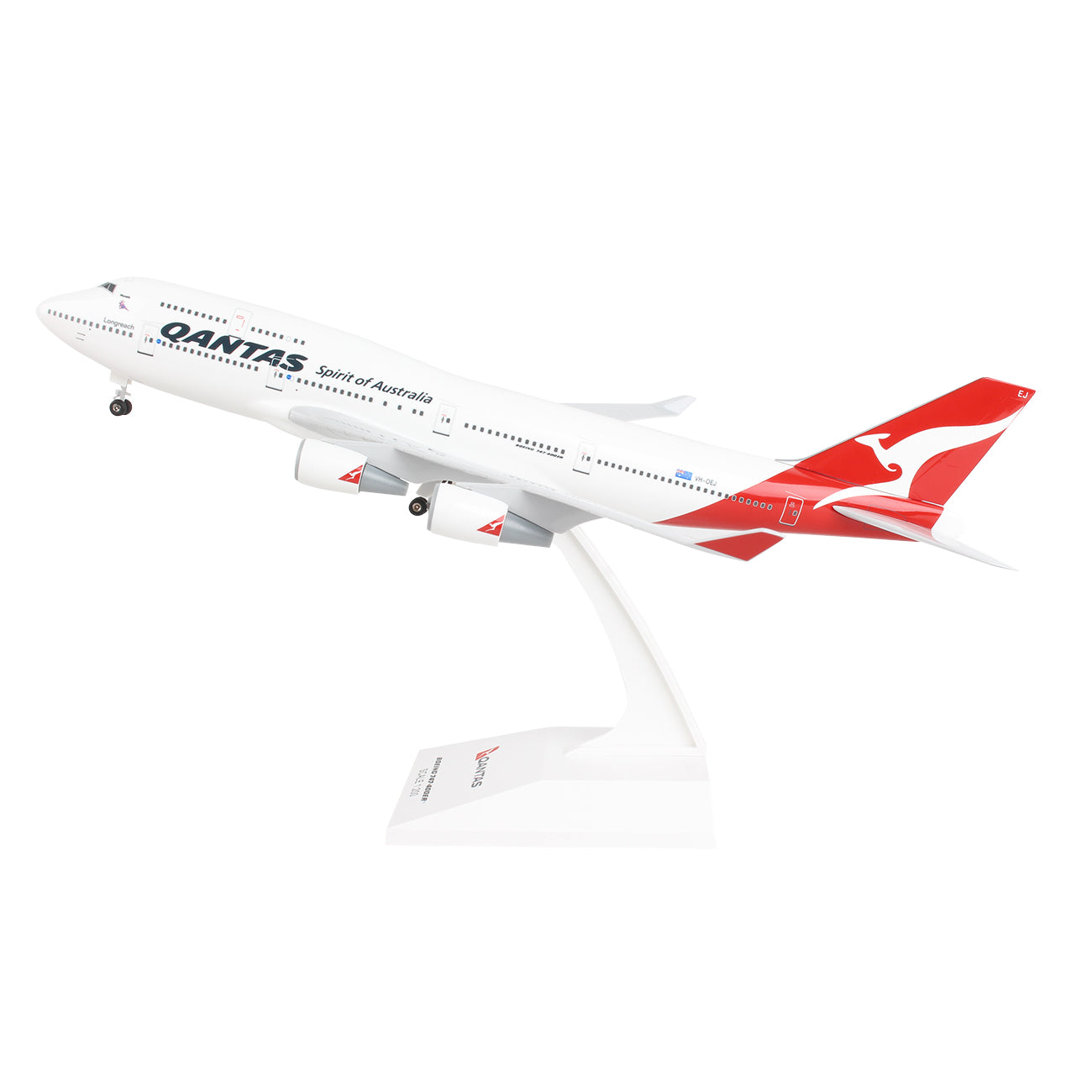 The Daron Qantas Airways Boeing 747-400 Final Flight 1:200 Model features a stand, the Qantas Spirit of Australia text, a white design with red accents, and a red tail with the iconic white kangaroo, echoing Landor livery elegance.