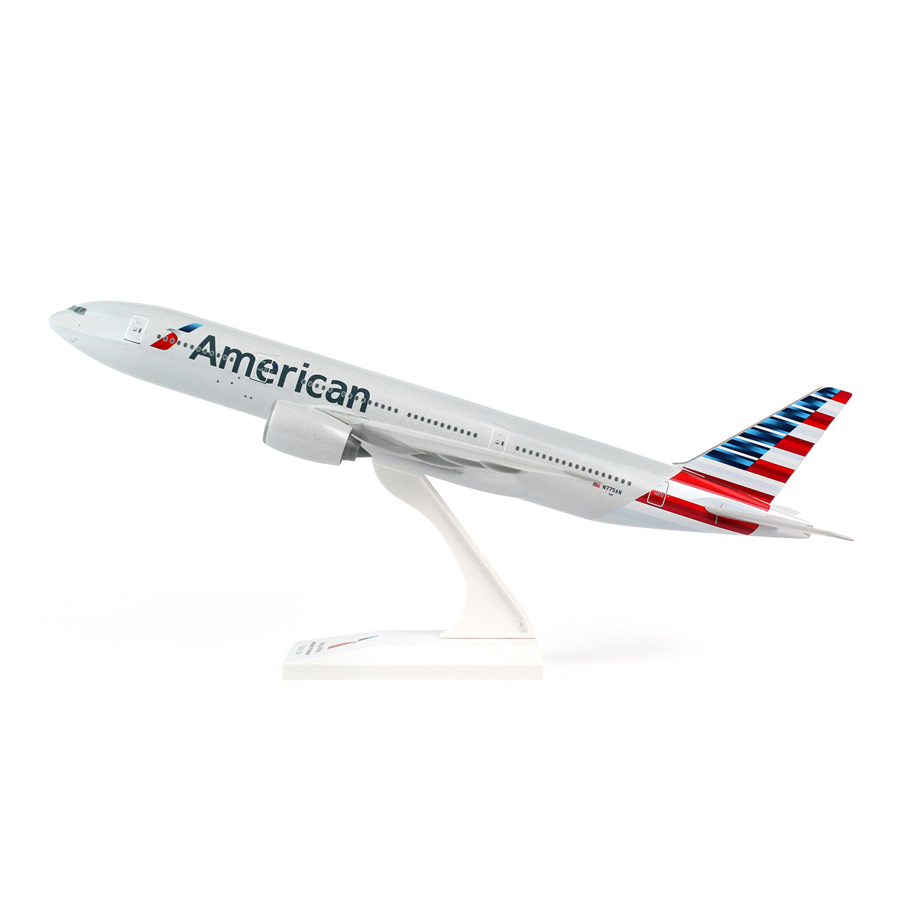 Darons American Airlines Boeing 777-200 1:200 model features a snap-fit design and a white display stand, shown angled as if taking off—ideal for collectors.
