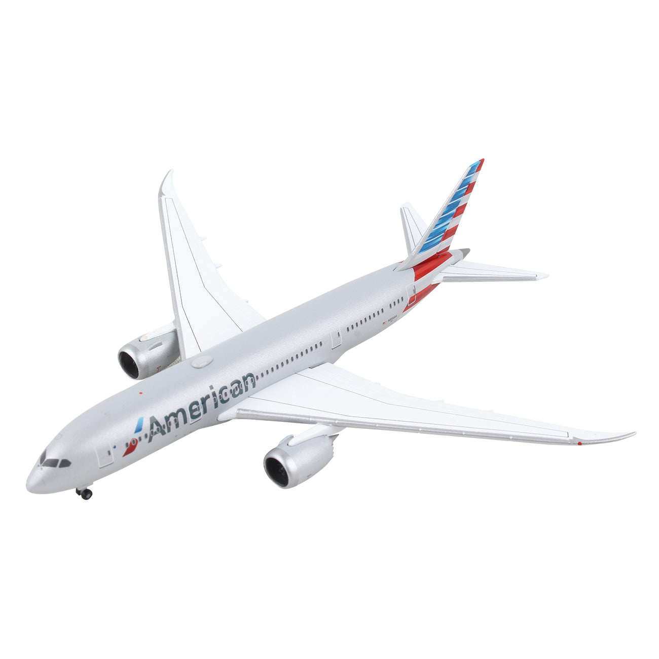 The Daron American Airlines Boeing 787-8 1:500 Model is a detailed die-cast airplane featuring red, white, and blue striped tail and visible landing gear, shown flying on a white background.