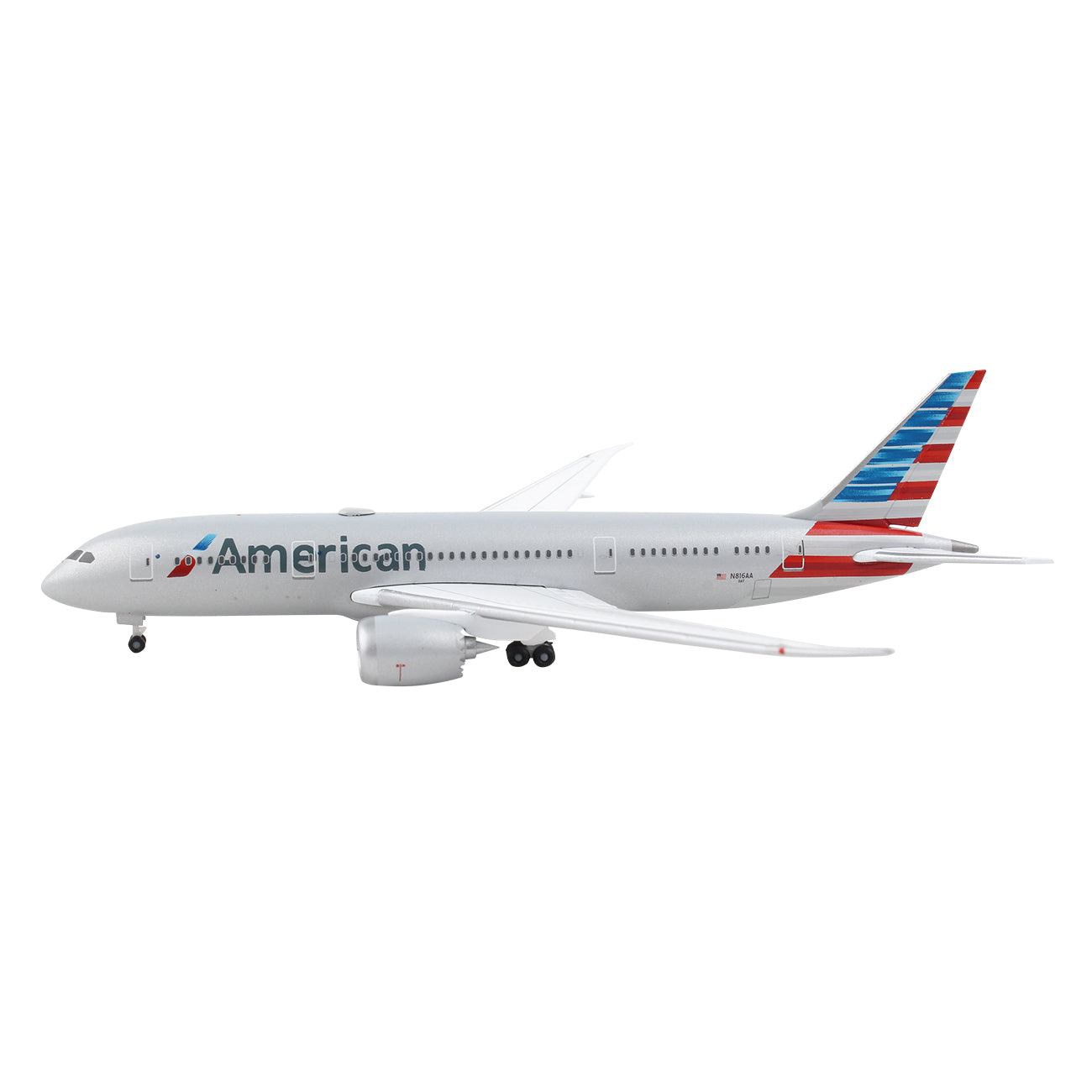 The Daron American Airlines Boeing 787-8 1:500 model is a die-cast replica featuring white, red, blue, and silver accents, the airlines logo on the fuselage, a stylized flag tail, and detailed landing gear.