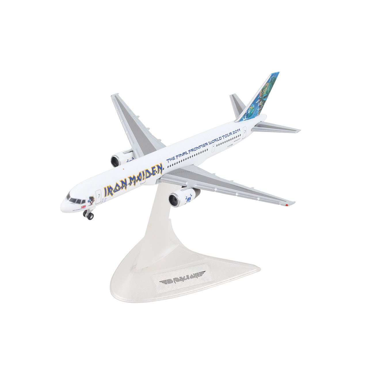 The Daron Iron Maiden Boeing 757-200 Final Frontier World Tour 1:500 Model features a white airplane with gray wings and intricate tail artwork, showcasing The Final Frontier branding, on a transparent stand labeled Ed Force One.