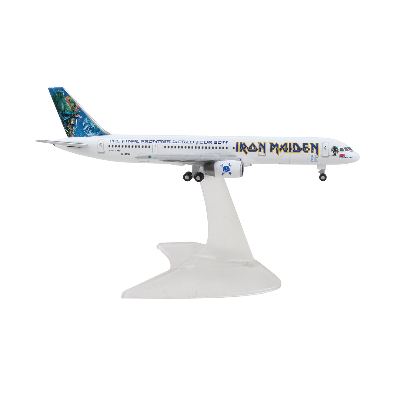 The Daron Iron Maiden Boeing 757-200 Final Frontier World Tour 1:500 model features themed graphics, Iron Maiden branding, and The Final Frontier World Tour 2011 text, and it is mounted on a white display stand.