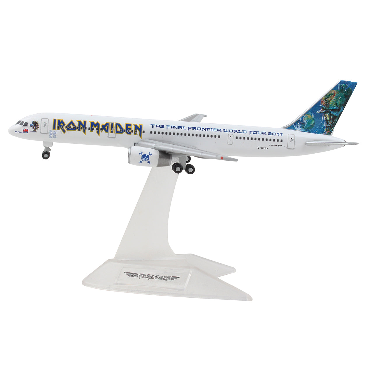 The Iron Maiden Boeing 757-200 Final Frontier World Tour 1:500 Model by Daron features the bands logo and The Final Frontier World Tour 2011 design. The white plane proudly displays artwork on its side and tail and comes elegantly displayed on a stand with the iconic logo.