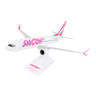 The DARON Swoop Boeing 737 MAX 8 1:130 Model is an injection-molded plastic plane in pink and white, featuring bold Swoop lettering and displayed on a white stand labeled Swoop.