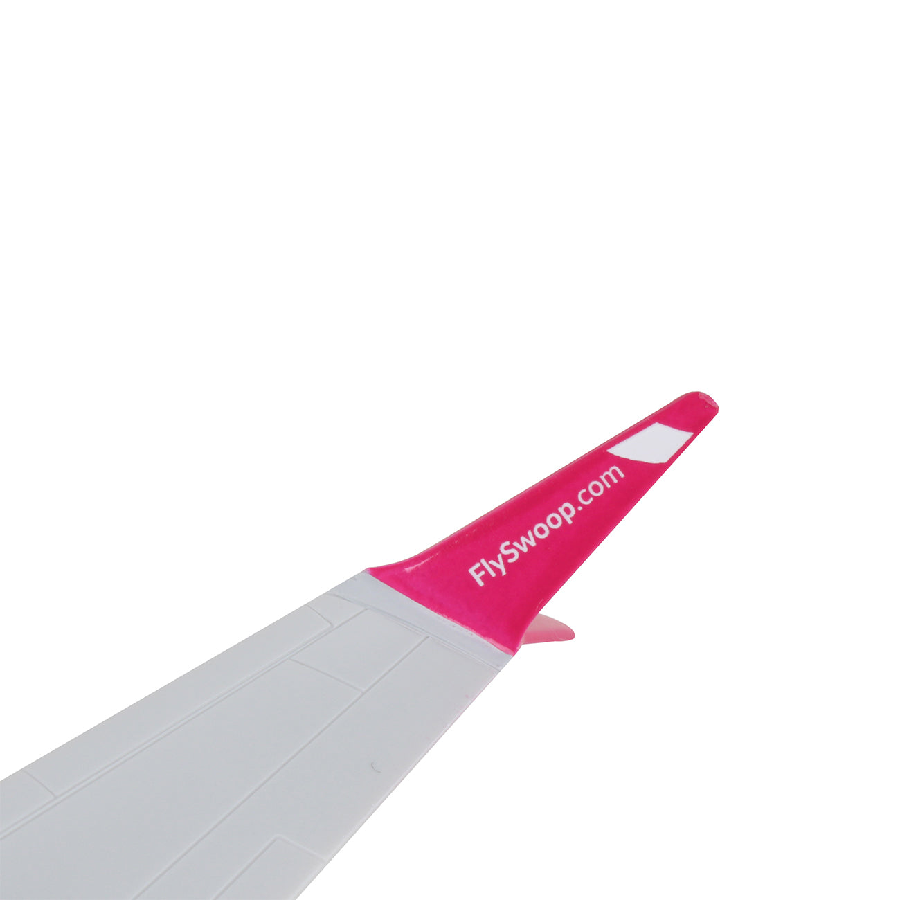 Close-up of the DARON Swoop Boeing 737 MAX 8 1:130 Model’s injection-molded plastic wingtip, showcasing a bright pink fin with FlySwoop.com branding, displayed against a white background.