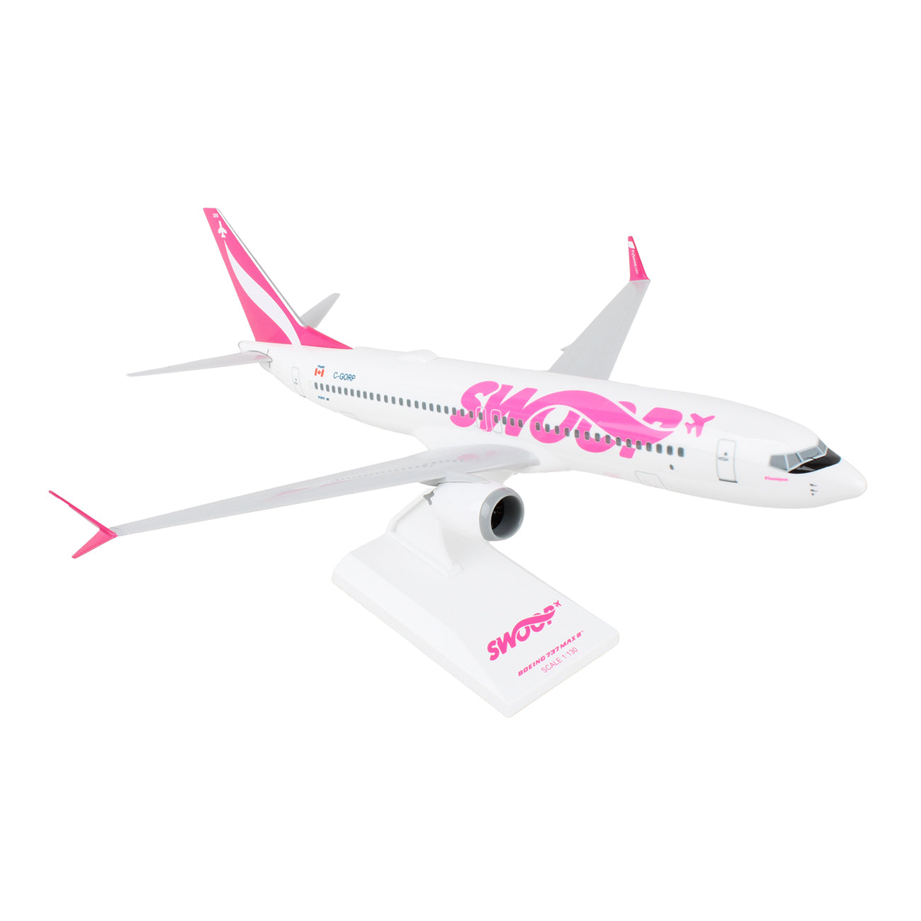 The DARON Swoop Boeing 737 MAX 8 1:130 Model features a pink and white livery, pink tail, Swoop branding on the side and stand, and is crafted from injection molded plastic with a display stand included.