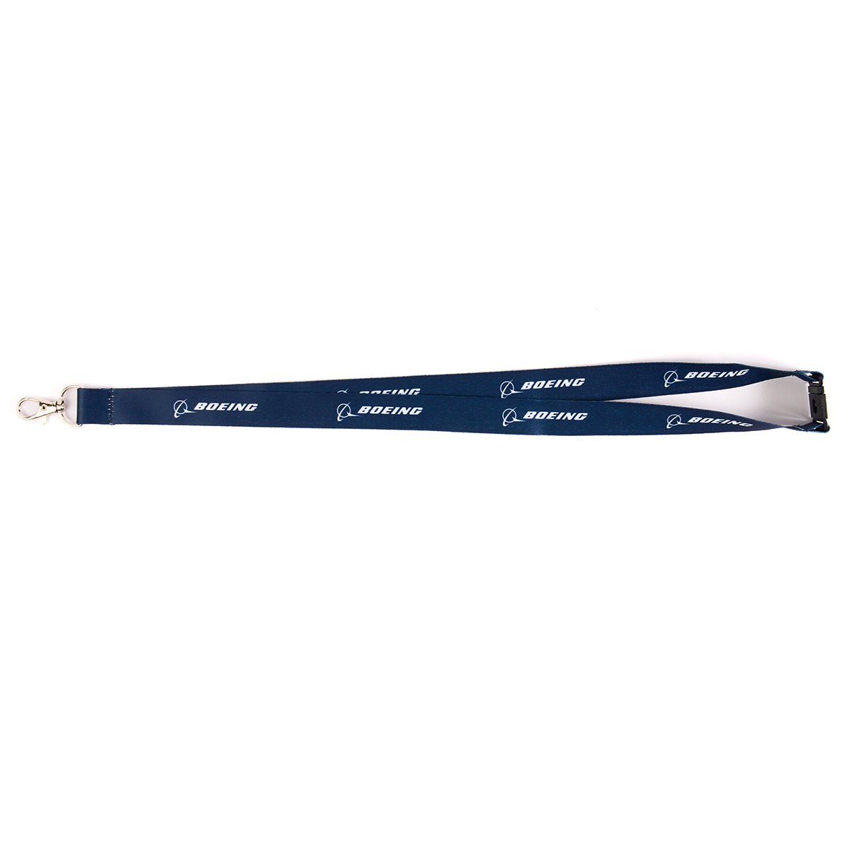 The Boeing Store's Boeing Sustainable Lanyard is blue, made from recycled plastic bottles, features the name and logo printed in white, and has a sturdy metal clip.