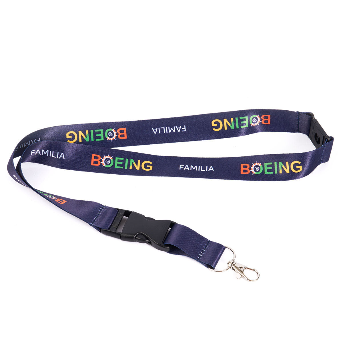 The Boeing Familia Lanyard by BOEING EXCLUSIVES is navy blue with a safety breakaway, metal clasp, and plastic buckle. It features "BOEING" in colorful letters and "FAMILIA" in white, repeated along the fabric.