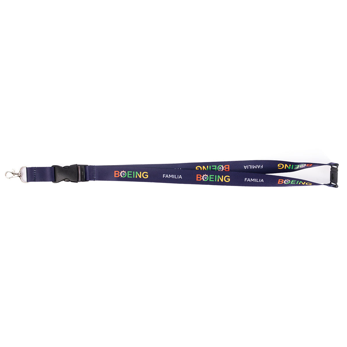 The Boeing Familia Lanyard by BOEING EXCLUSIVES is navy blue, with "BOEING" in rainbow and "FAMILIA" in white, plus a safety neck breakaway, black plastic buckle, and metal clip.
