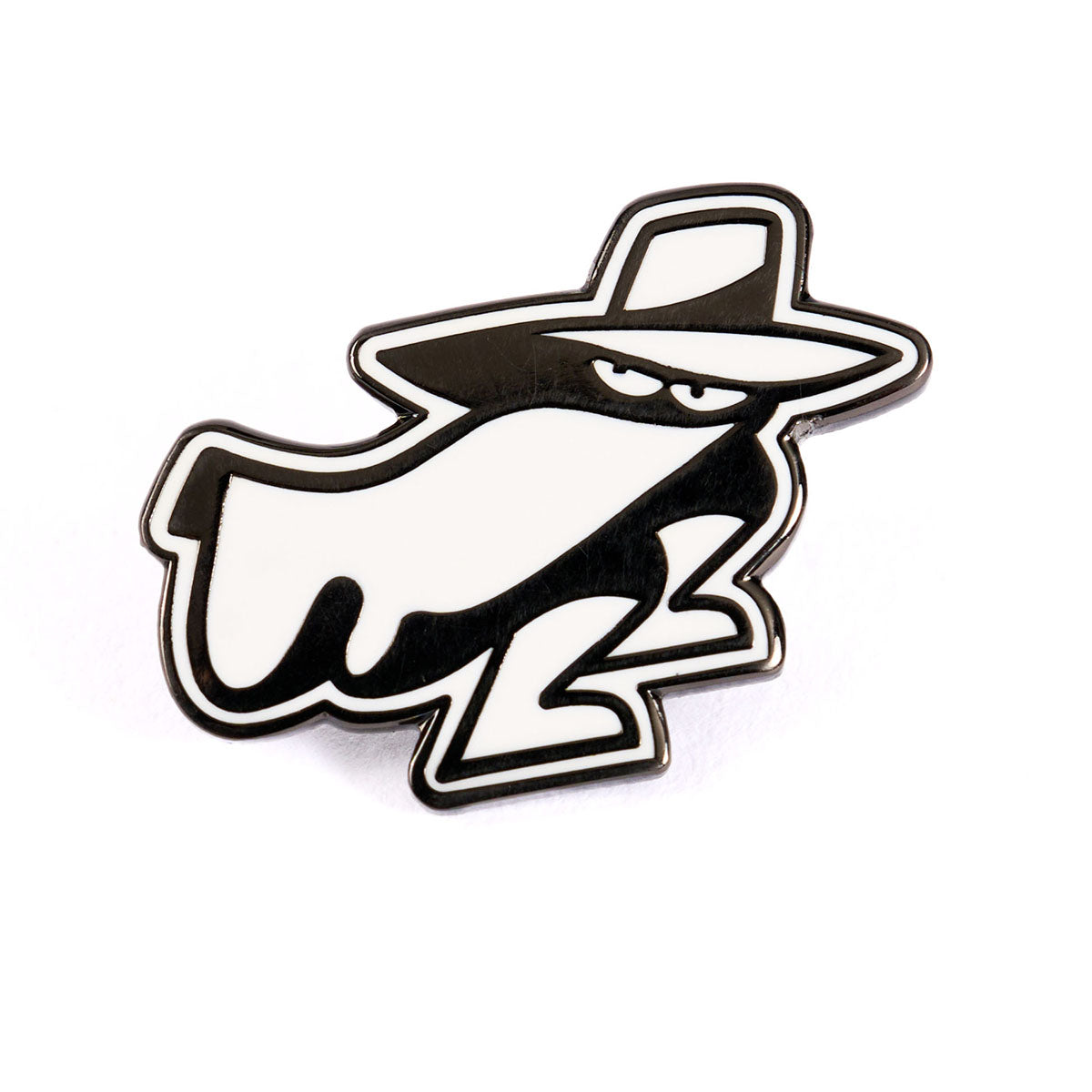 The Boeing Phantom Works Lapel Pin from The Boeing Store showcases a playful cartoon character in black and white, donning a wide-brimmed hat and cloak. Its mischievous expression outlined in black exudes aerospace mystery, set against a plain white background.