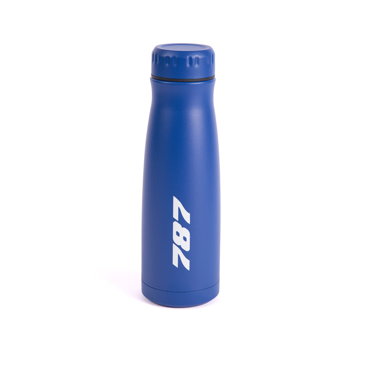 The Boeing 787 Dreamliner Stratotype Water Bottle by The Boeing Store is blue with a durable metal body, white 787 text, and a screw-on lid, standing upright on a smooth surface, echoing the iconic aircraft.