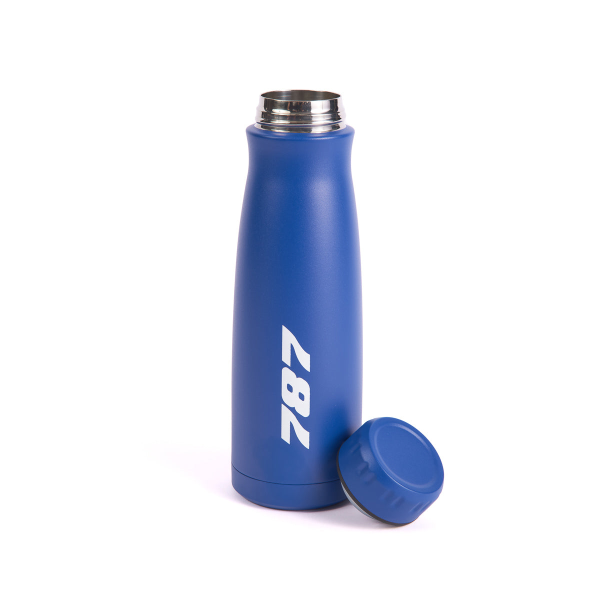 The Boeing Stores blue Boeing 787 Dreamliner Stratotype insulated water bottle, featuring a white 287 on its side, stands on a white background. Its durable metal body with the matching blue lid beside it resembles the iconic aircraft.