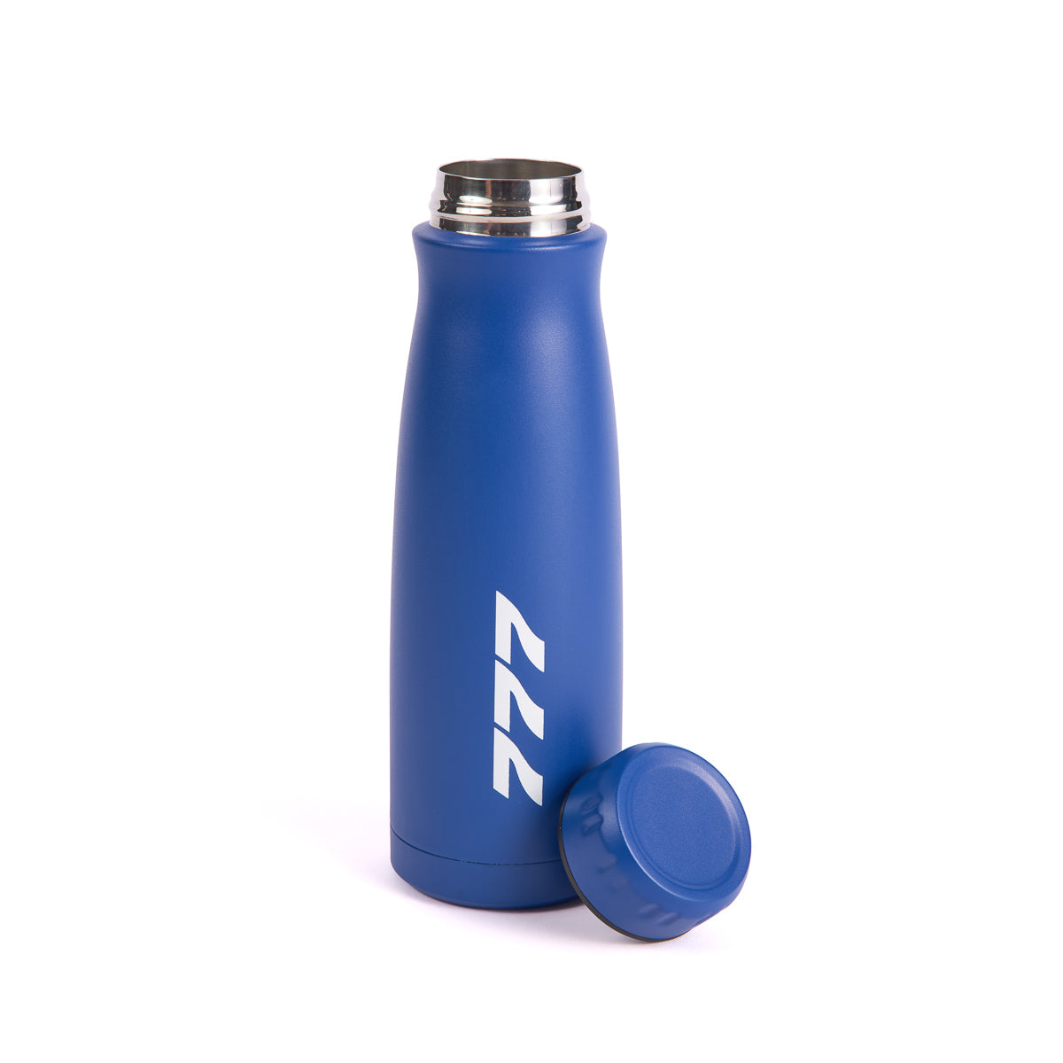 The Boeing Stores Boeing 777 Stratotype royal blue insulated water bottle, featuring a screw-on lid, sits beside it. With a sleek design and aviation-inspired white zigzag logo, both the cap and bottle showcase a matching matte finish.