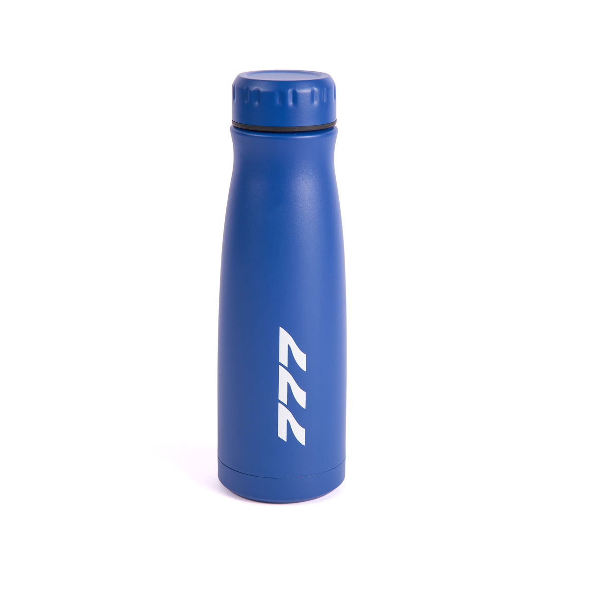 The Boeing 777 Stratotype Water Bottle from The Boeing Store features a royal blue color, ridged screw cap, and a white logo with three stylized lines, capturing the sleek design of the aircraft, elegantly displayed on a plain white background.