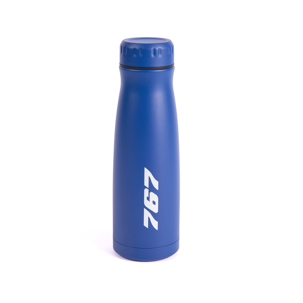 The Boeing Stores Boeing 767 Stratotype Water Bottle stands upright against a white background, proudly displaying the iconic number in crisp white on its blue insulated side, reminiscent of aviation excellence.