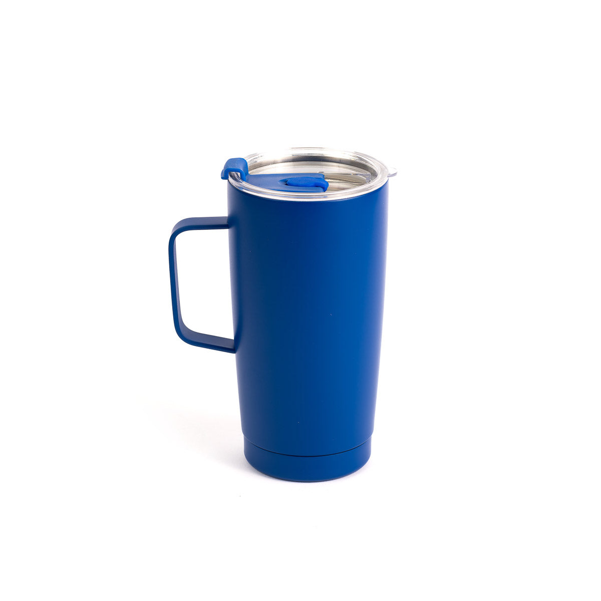 A Boeing Royal Tumbler from The Boeing Store, in blue, with a handle and clear leak-proof lid, stands upright against a plain white background.