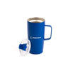 The Boeing Stores Boeing Royal Tumbler with Handle, a blue stainless steel design featuring the Boeing logo and a clear, detachable leak-proof lid on the left side, is displayed.
