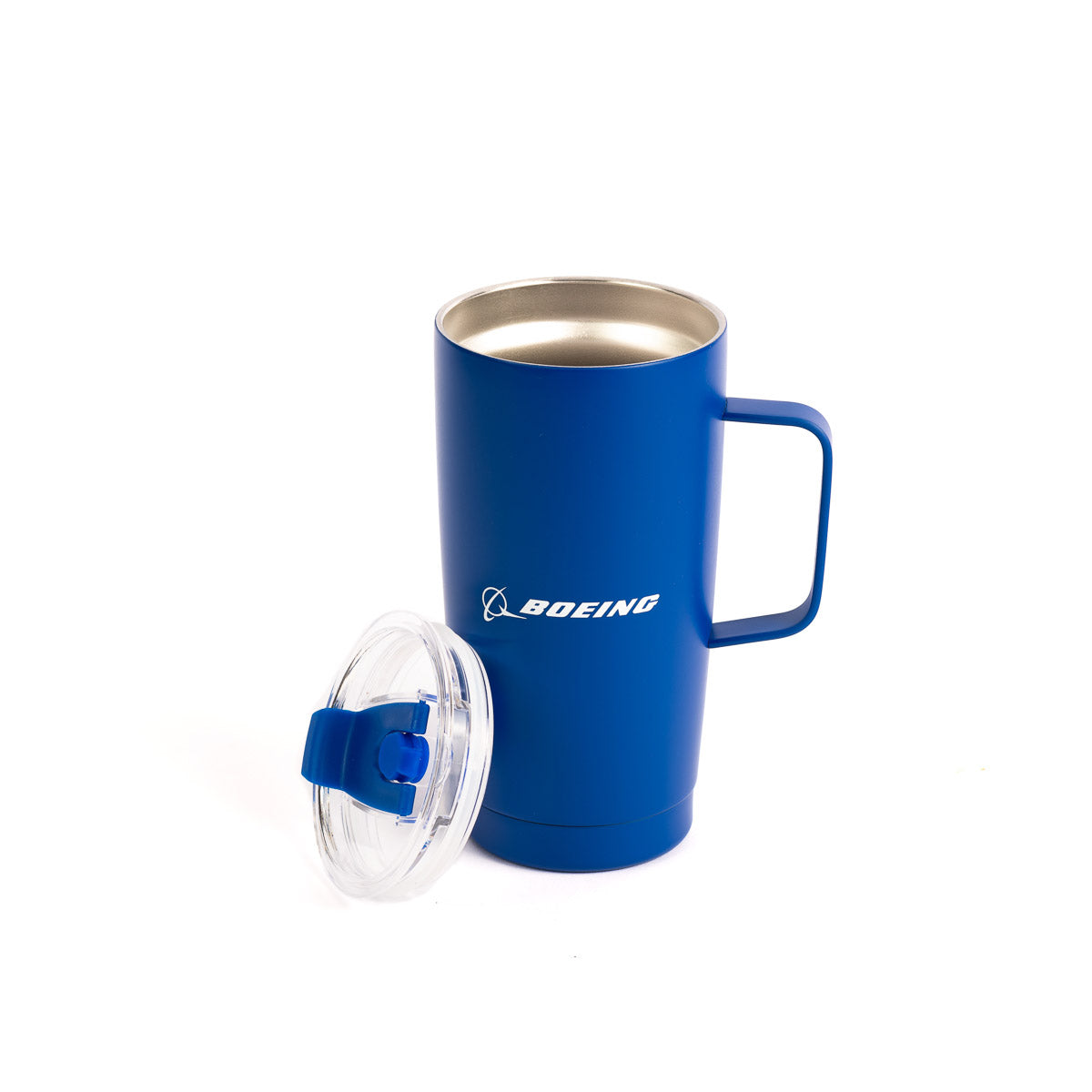 The Boeing Stores Boeing Royal Tumbler with Handle, a blue stainless steel design featuring the Boeing logo and a clear, detachable leak-proof lid on the left side, is displayed.