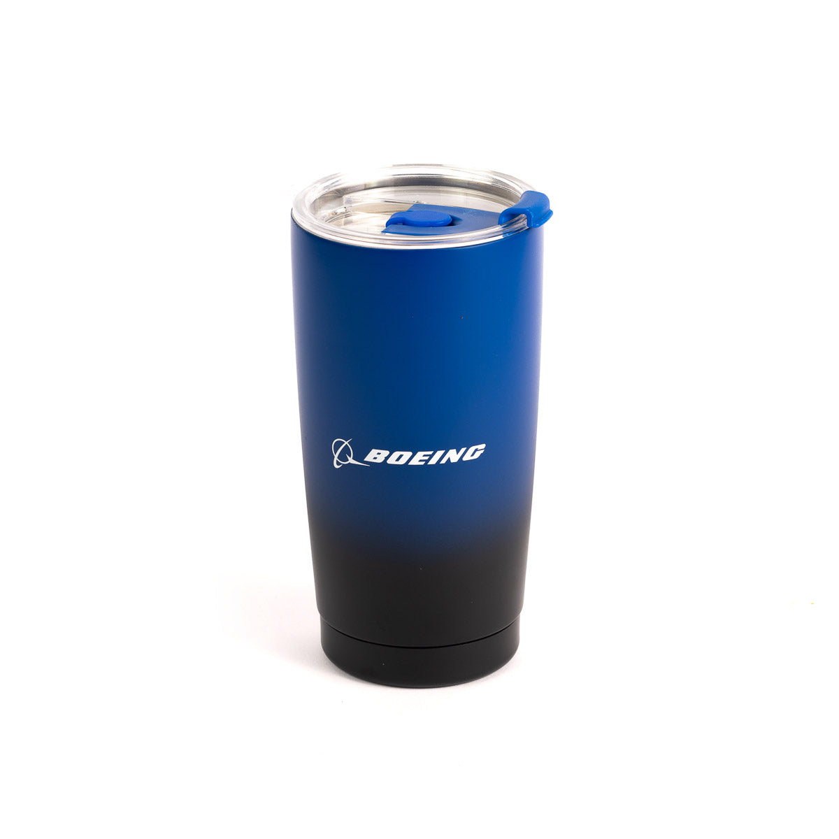 The Boeing Ombre Tumbler from The Boeing Store features a blue-black gradient stainless steel design, clear leak-proof lid with blue sliding closure, and the white Boeing logo on the front.