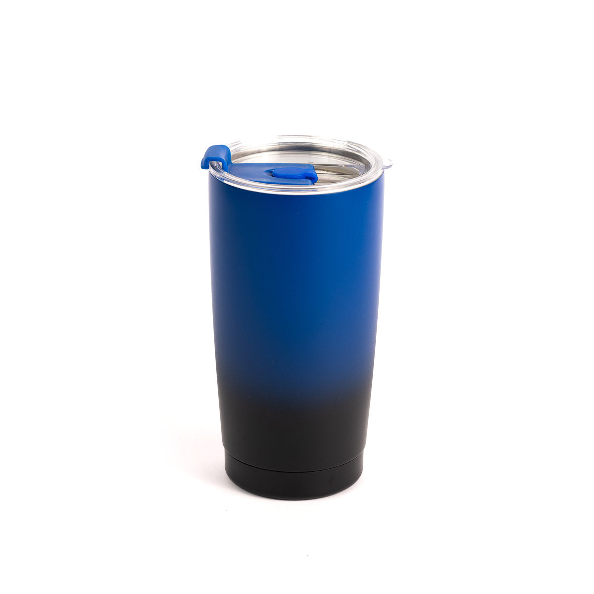 The Boeing Store’s Boeing Ombre Tumbler in a blue and black gradient, with a clear leak-proof lid and blue sliding closure, stands upright on a white background.