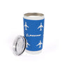The Boeing Stores blue and white Commercial Airplane Tumbler features a clear lid, white airplane designs, and the iconic Boeing logo. Its double-wall insulation keeps drinks at the perfect temperature during travel, making it an ideal aviation gift.