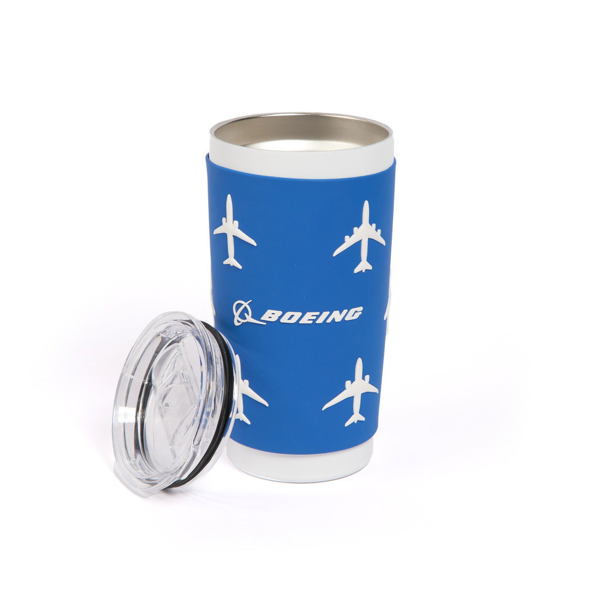 The Boeing Stores blue and white Commercial Airplane Tumbler features a clear lid, white airplane designs, and the iconic Boeing logo. Its double-wall insulation keeps drinks at the perfect temperature during travel, making it an ideal aviation gift.